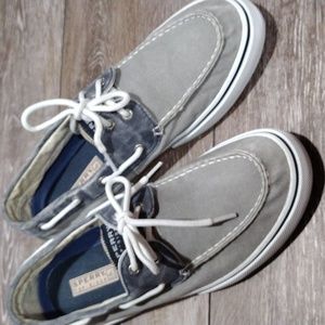 Sperry Top Sider mens grey and blue cotton canvas boat shoes. Size 10